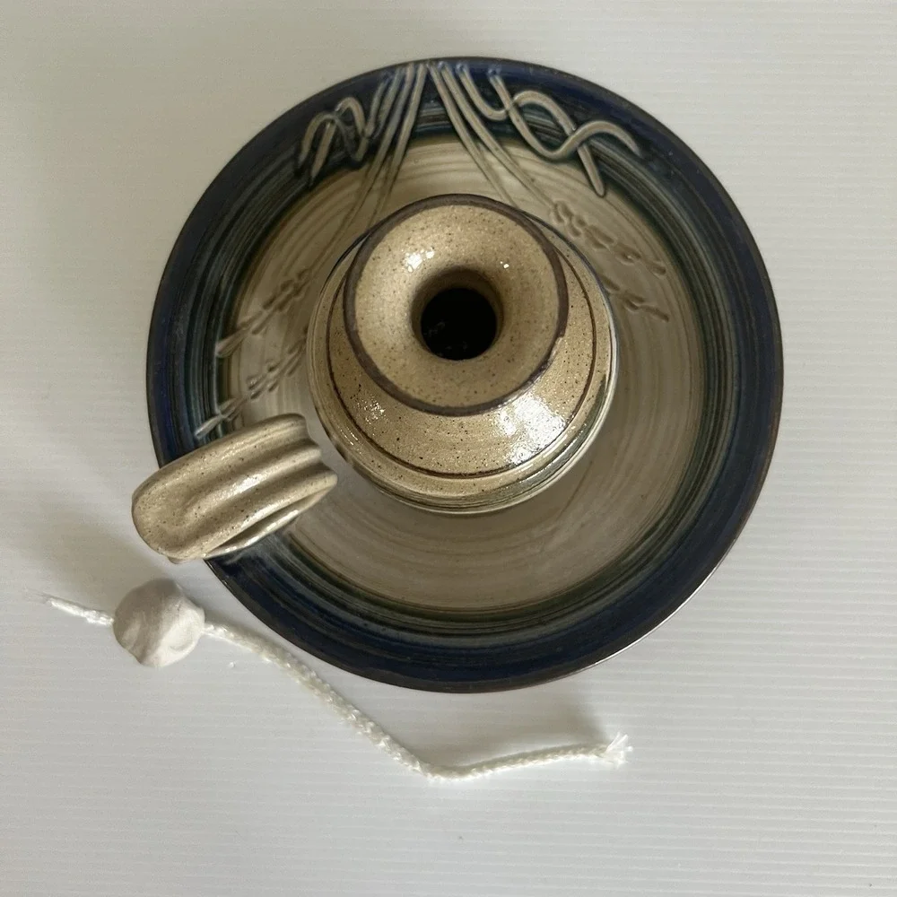 Vintage Studio Art Pottery Oil Lamp With Wick & Ball Candle Holder Signed